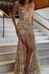Robe Champêtre À Imprimé Floral Bretelles Spaghetti Bustier Corset Dos Nu Fente Haute