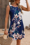 Robe Champêtre Bleu Marine Fleurie Sans Manches Coupe Trapèze Col Rond