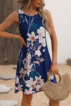 Robe Champêtre Bleu Marine Fleurie Sans Manches Coupe Trapèze Col Rond