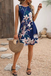 Robe Champêtre Bleu Marine Fleurie Sans Manches Coupe Trapèze Col Rond
