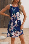 Robe Champêtre Bleu Marine Fleurie Sans Manches Coupe Trapèze Col Rond
