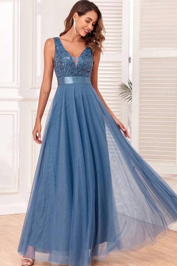 Robe Champêtre Bohème Demoiselle D’Honneur Longue Tulle Col V Dentelle Paillettes Élégante Soirée Été