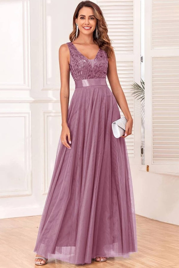 Robe Champêtre Bohème Demoiselle D’Honneur Longue Tulle Col V Dentelle Paillettes Élégante Soirée Été