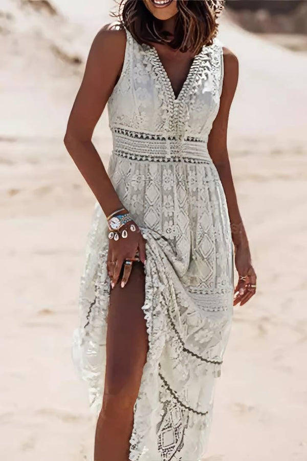 Robe Champêtre Bohème Dentelle Col V Sans Manches Longue Été Décontractée Plage