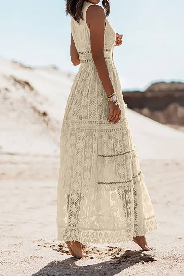 Robe Champêtre Bohème Dentelle Col V Sans Manches Longue Été Décontractée Plage