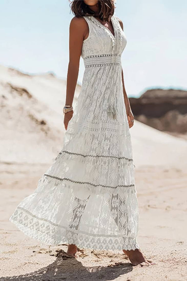 Robe Champêtre Bohème Dentelle Col V Sans Manches Longue Été Décontractée Plage
