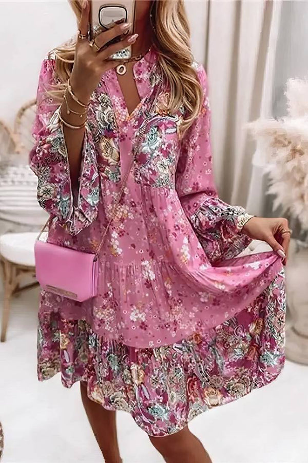 Robe Champêtre Bohème Fleurie Ample Col En V Manches Longues Robe De Plage