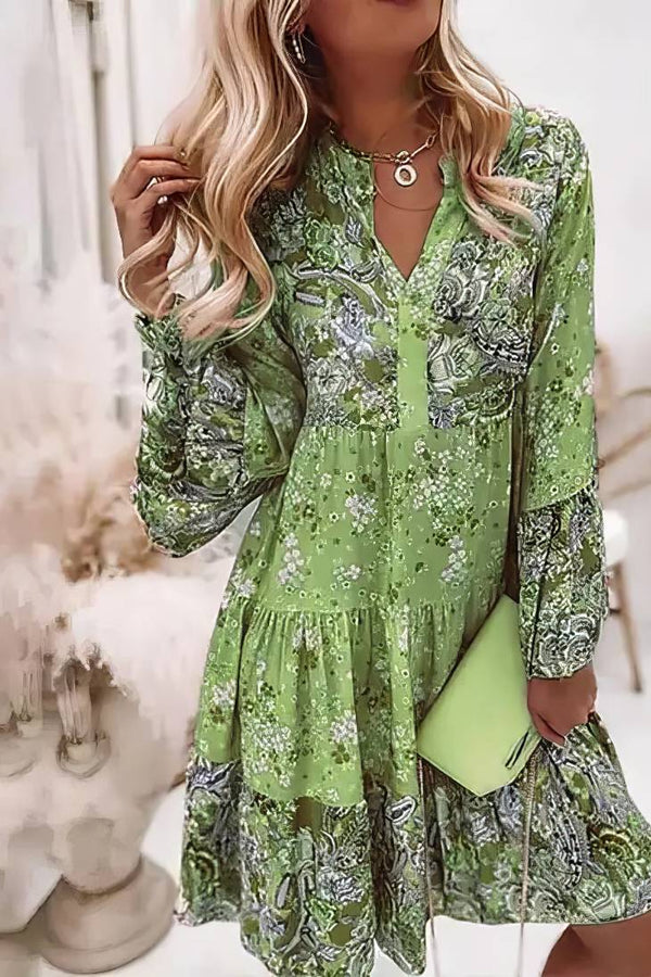 Robe Champêtre Bohème Fleurie Ample Col En V Manches Longues Robe De Plage