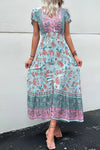 Robe Champêtre Bohème Florale Col V Manches Volantées Taille Smockée Fendue Longue Été