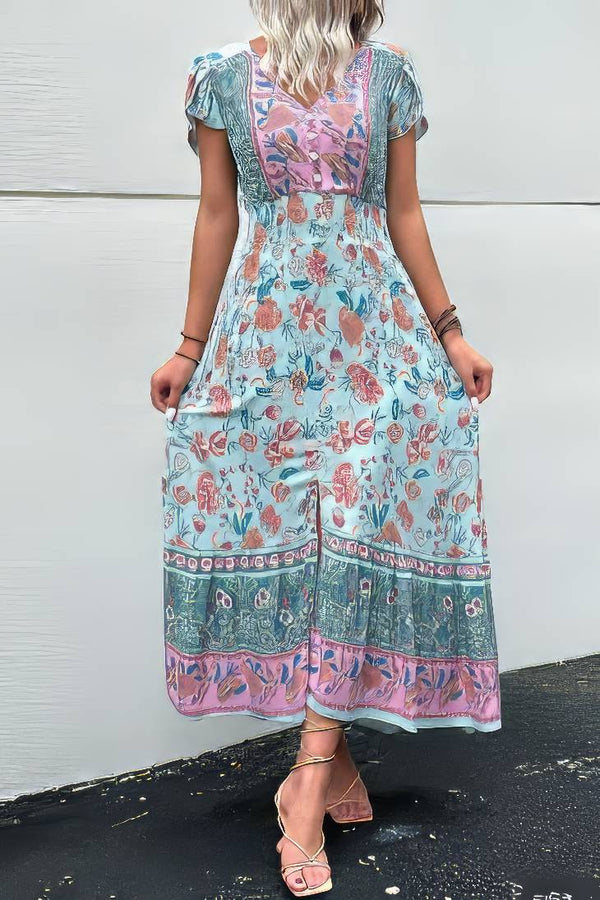 Robe Champêtre Bohème Florale Col V Manches Volantées Taille Smockée Fendue Longue Été