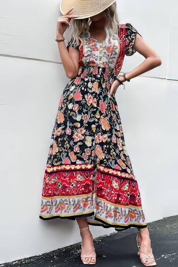Robe Champêtre Bohème Florale Col V Manches Volantées Taille Smockée Fendue Longue Été