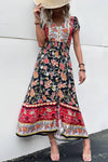 Robe Champêtre Bohème Florale Col V Manches Volantées Taille Smockée Fendue Longue Été