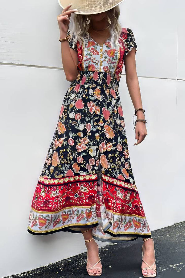 Robe Champêtre Bohème Florale Col V Manches Volantées Taille Smockée Fendue Longue Été