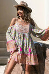 Robe Champêtre Bohème Fluide Épaule Dénudée Manches Évasées Dentelle Col V Imprimé Floral