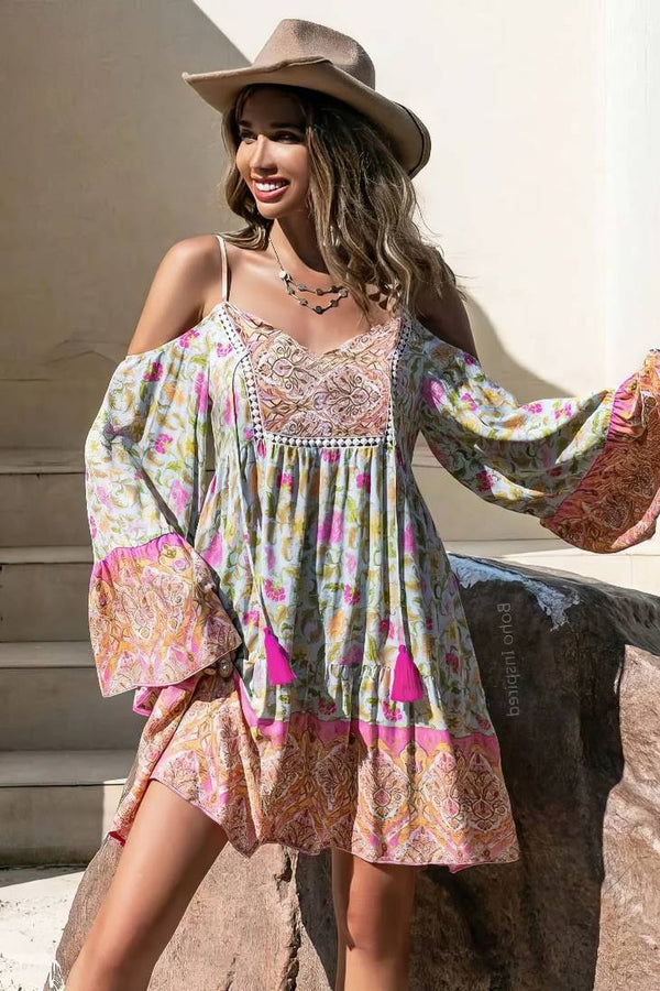 Robe Champêtre Bohème Fluide Épaule Dénudée Manches Évasées Dentelle Col V Imprimé Floral