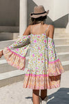 Robe Champêtre Bohème Fluide Épaule Dénudée Manches Évasées Dentelle Col V Imprimé Floral