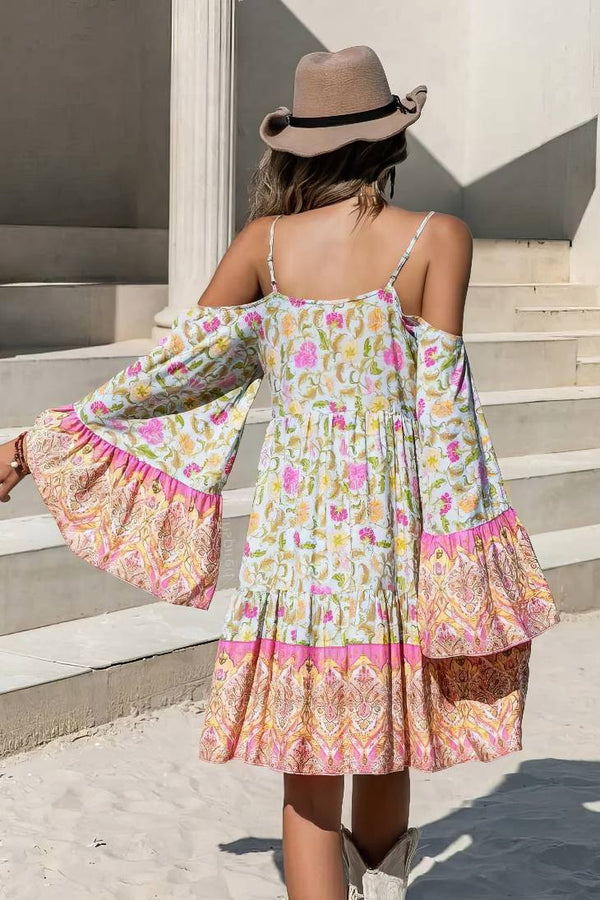 Robe Champêtre Bohème Fluide Épaule Dénudée Manches Évasées Dentelle Col V Imprimé Floral