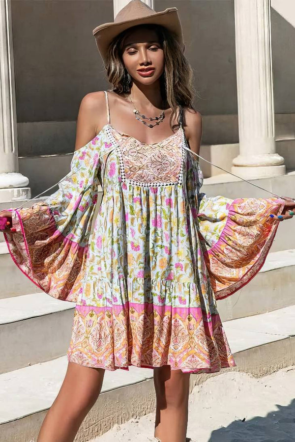 Robe Champêtre Bohème Fluide Épaule Dénudée Manches Évasées Dentelle Col V Imprimé Floral