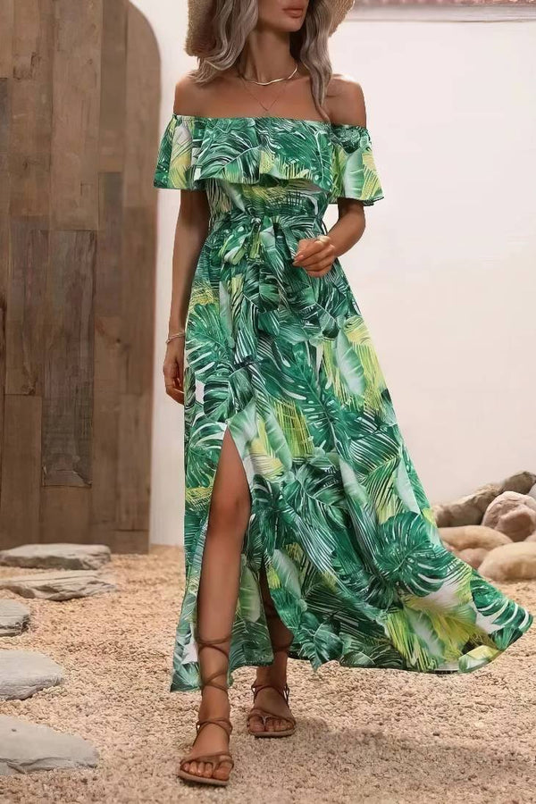 Robe Champêtre Bohème Longue Épaules Dénudées Imprimé Feuillage Fente Latérale À Volants
