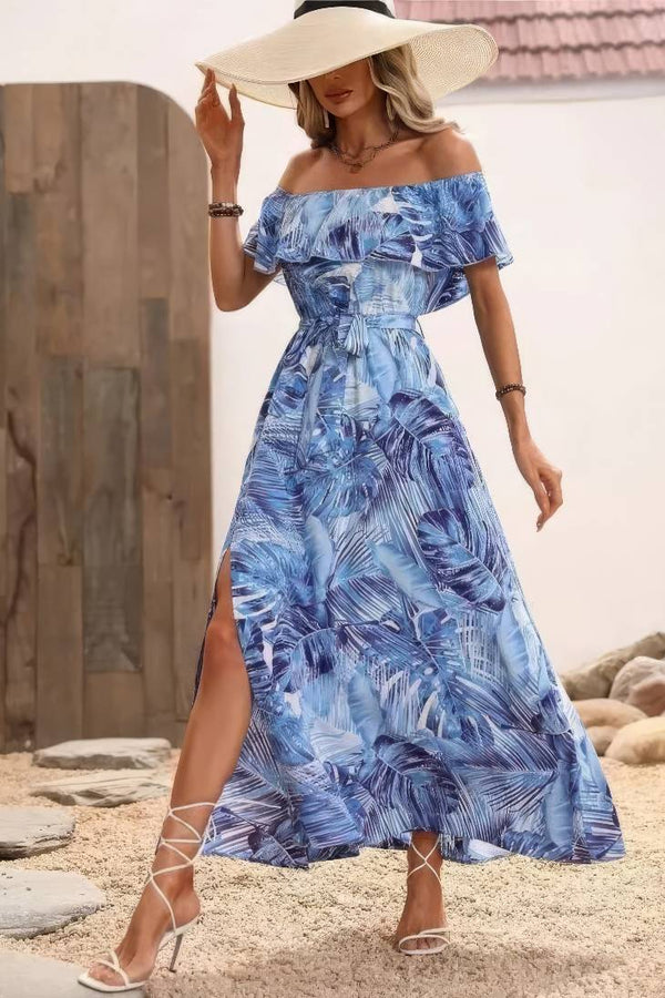 Robe Champêtre Bohème Longue Épaules Dénudées Imprimé Feuillage Fente Latérale À Volants