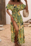 Robe Champêtre Bohème Longue Épaules Dénudées Imprimé Feuillage Fente Latérale À Volants