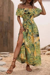 Robe Champêtre Bohème Longue Épaules Dénudées Imprimé Feuillage Fente Latérale À Volants