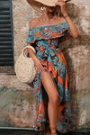 Robe Champêtre Bohème Longue Épaules Dénudées Imprimé Feuillage Fente Latérale À Volants