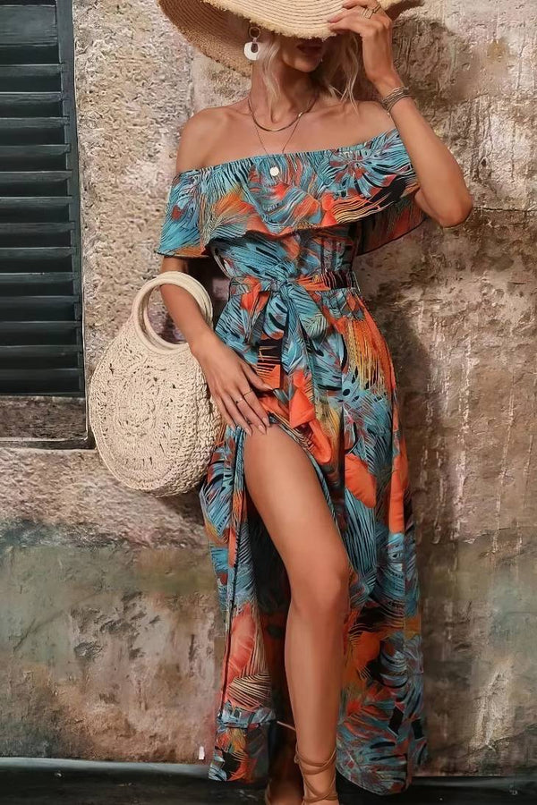 Robe Champêtre Bohème Longue Épaules Dénudées Imprimé Feuillage Fente Latérale À Volants