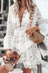 Robe Champêtre Bohème Mini Dentelle Blanche Col V Manches Longues Évasées Robe De Plage