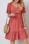 Robe Champêtre Col En V Manches Courtes Coupe A-Line