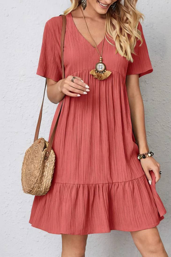 Robe Champêtre Col En V Manches Courtes Coupe A-Line