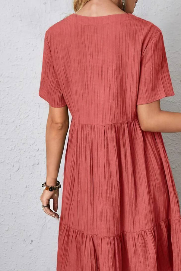 Robe Champêtre Col En V Manches Courtes Coupe A-Line