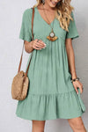 Robe Champêtre Col En V Manches Courtes Coupe A-Line