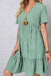 Robe Champêtre Col En V Manches Courtes Coupe A-Line
