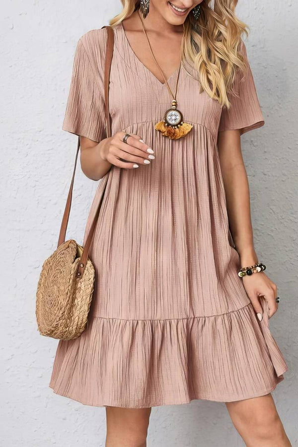 Robe Champêtre Col En V Manches Courtes Coupe A-Line