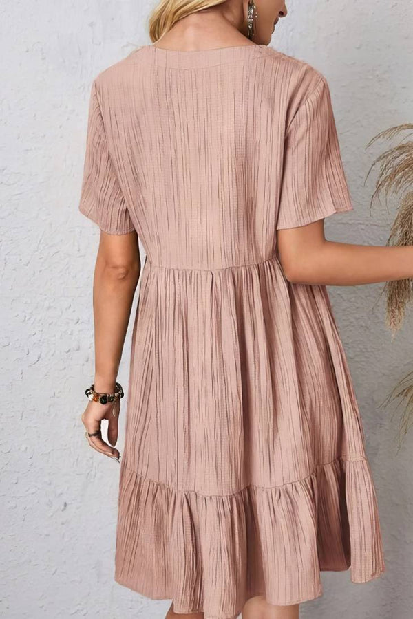 Robe Champêtre Col En V Manches Courtes Coupe A-Line