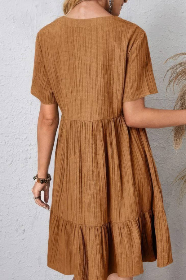 Robe Champêtre Col En V Manches Courtes Coupe A-Line