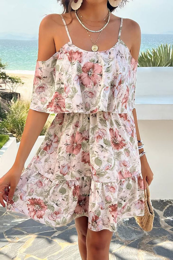 Robe Champêtre Courte À Bretelles Épaules Dénudées Double Volant Imprimé Floral Rose