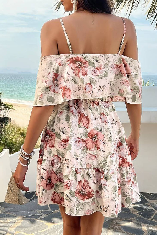 Robe Champêtre Courte À Bretelles Épaules Dénudées Double Volant Imprimé Floral Rose