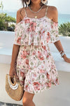 Robe Champêtre Courte À Bretelles Épaules Dénudées Double Volant Imprimé Floral Rose