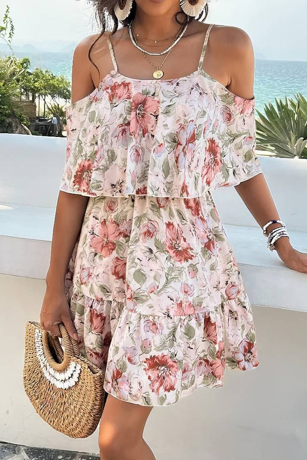 Robe Champêtre Courte À Bretelles Épaules Dénudées Double Volant Imprimé Floral Rose