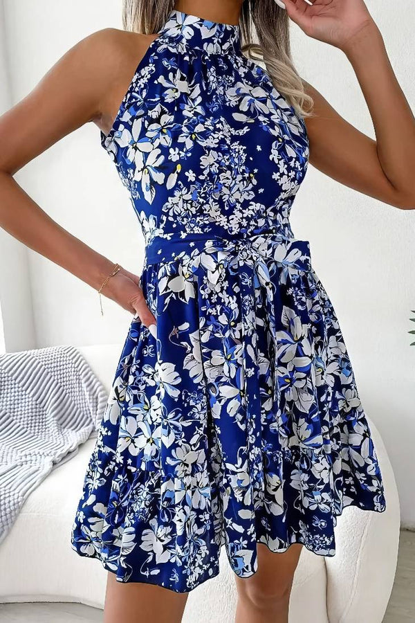 Robe Champêtre Courte À Fleurs Col Licou Ceinture Nœud À La Taille Été