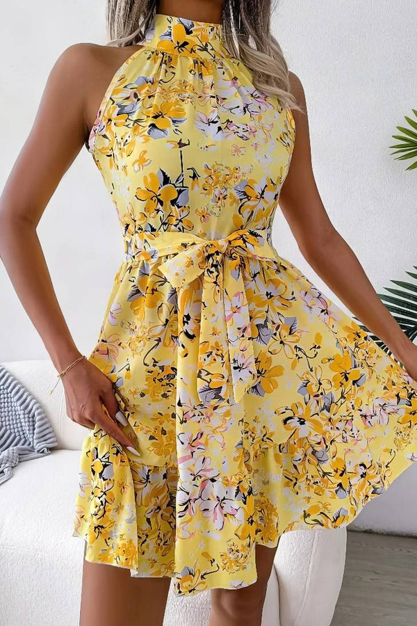 Robe Champêtre Courte À Fleurs Col Licou Ceinture Nœud À La Taille Été