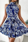 Robe Champêtre Courte À Fleurs Col Licou Ceinture Nœud À La Taille Été
