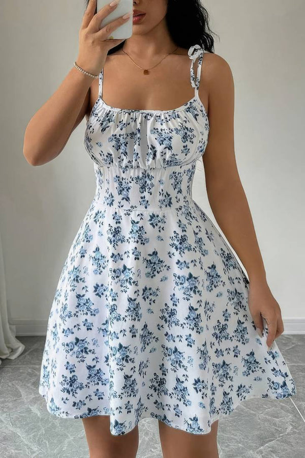 Robe Champêtre Courte Bretelles Nouées Coupe A-Line Fleurie