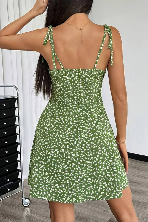 Robe Champêtre Courte Bretelles Nouées Coupe A-Line Fleurie