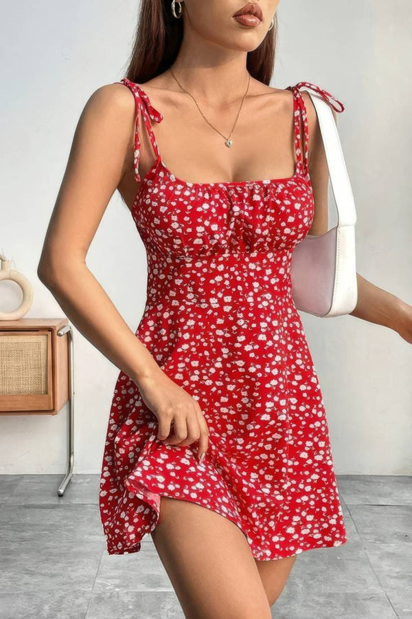 Robe Champêtre Courte Bretelles Nouées Coupe A-Line Fleurie