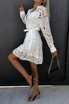 Robe Champêtre Courte Col Chemise Manches Longues Dentelle Ajourée Boutonnée Taille Ceinturée
