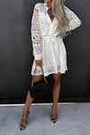 Robe Champêtre Courte Col Chemise Manches Longues Dentelle Ajourée Boutonnée Taille Ceinturée