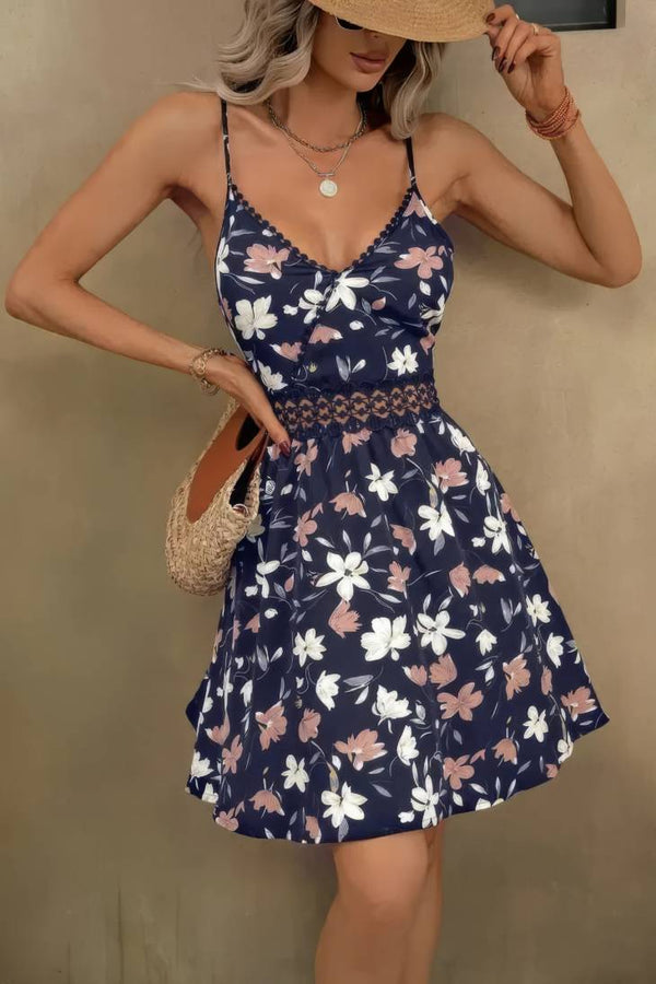 Robe Champêtre Courte Col En V Bretelles Fines Coupe A-Line Fleurie Bleu Profond